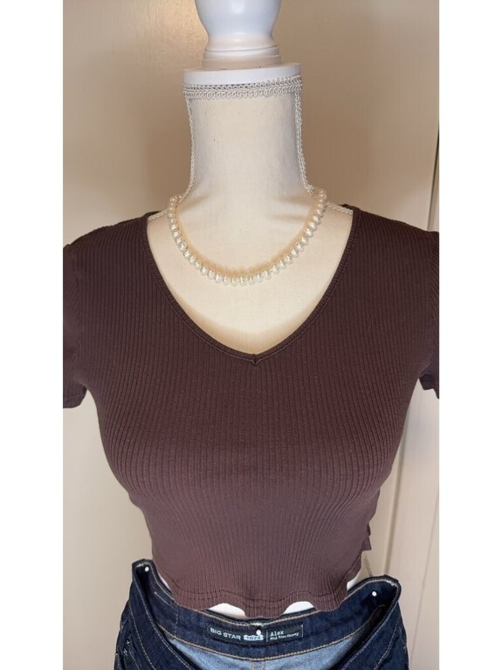 SHEIN Brown Ribbed Knit Crop Top